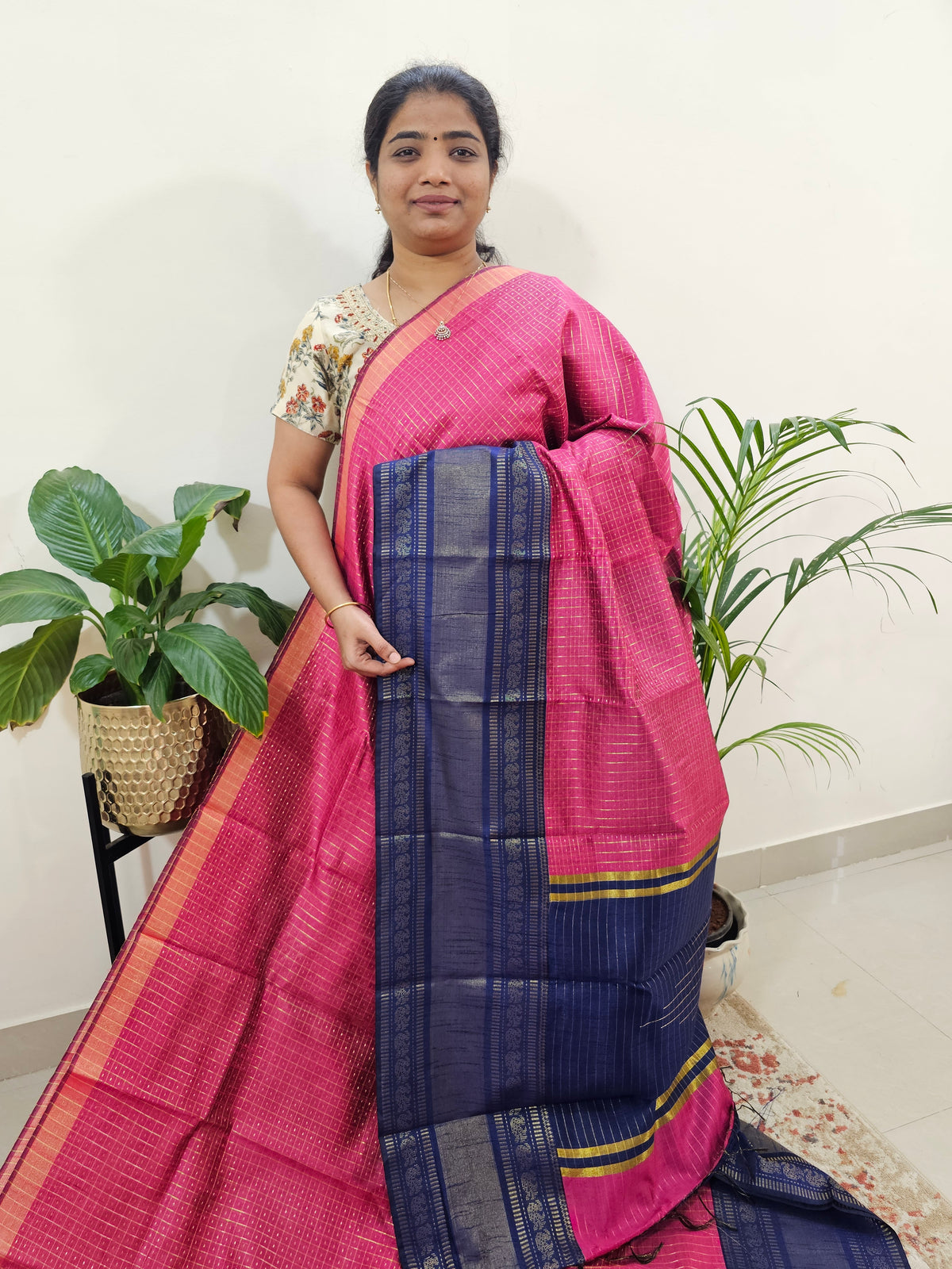 Semi Raw Silk Saree - Pink with Navy Blue