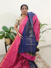 Semi Raw Silk Saree - Pink with Navy Blue