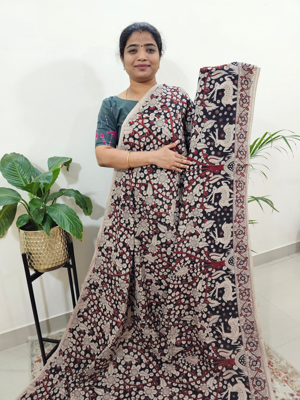 Cotton Kalamkari Saree - Black with Cream