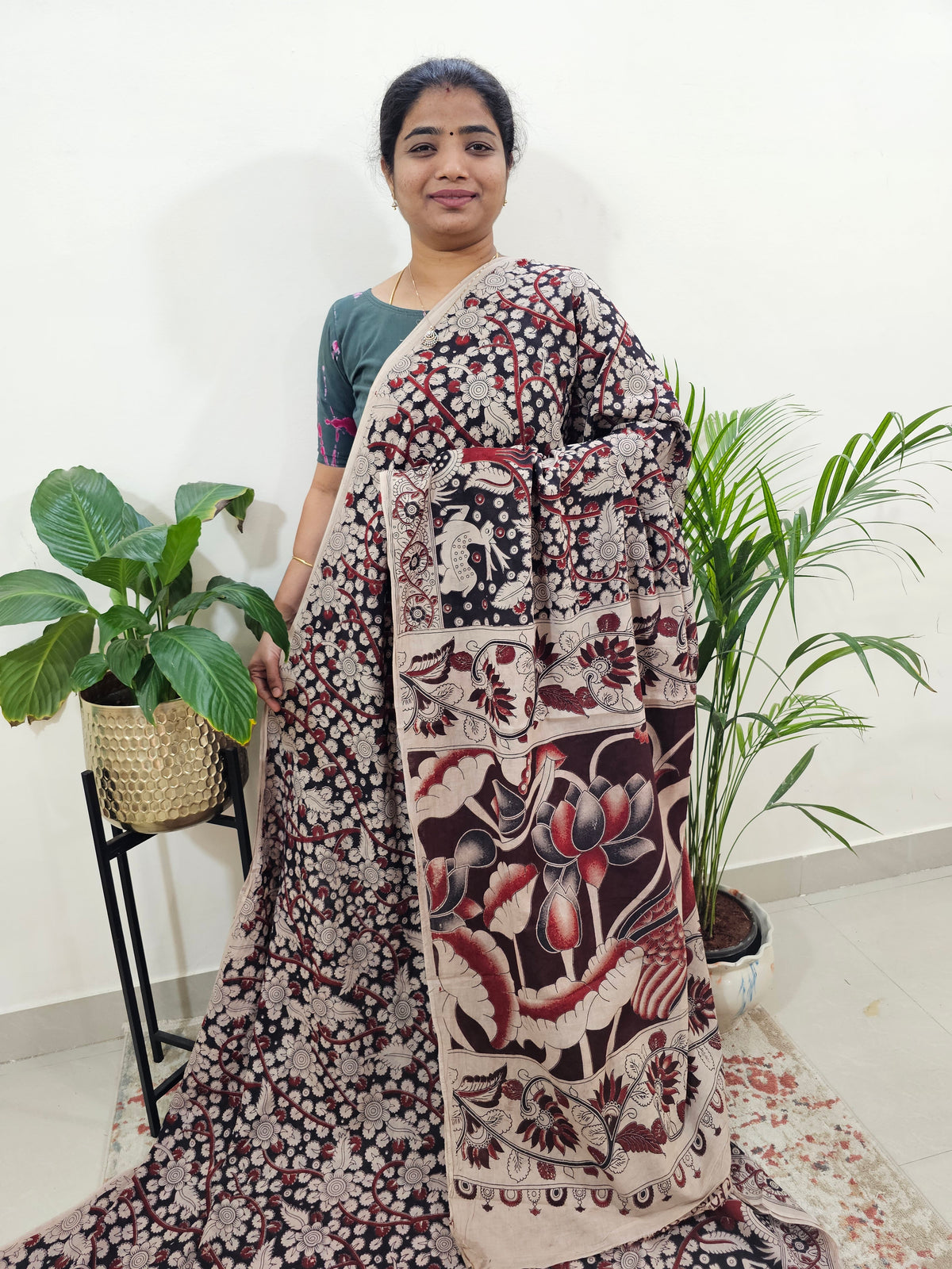 Cotton Kalamkari Saree - Black with Cream