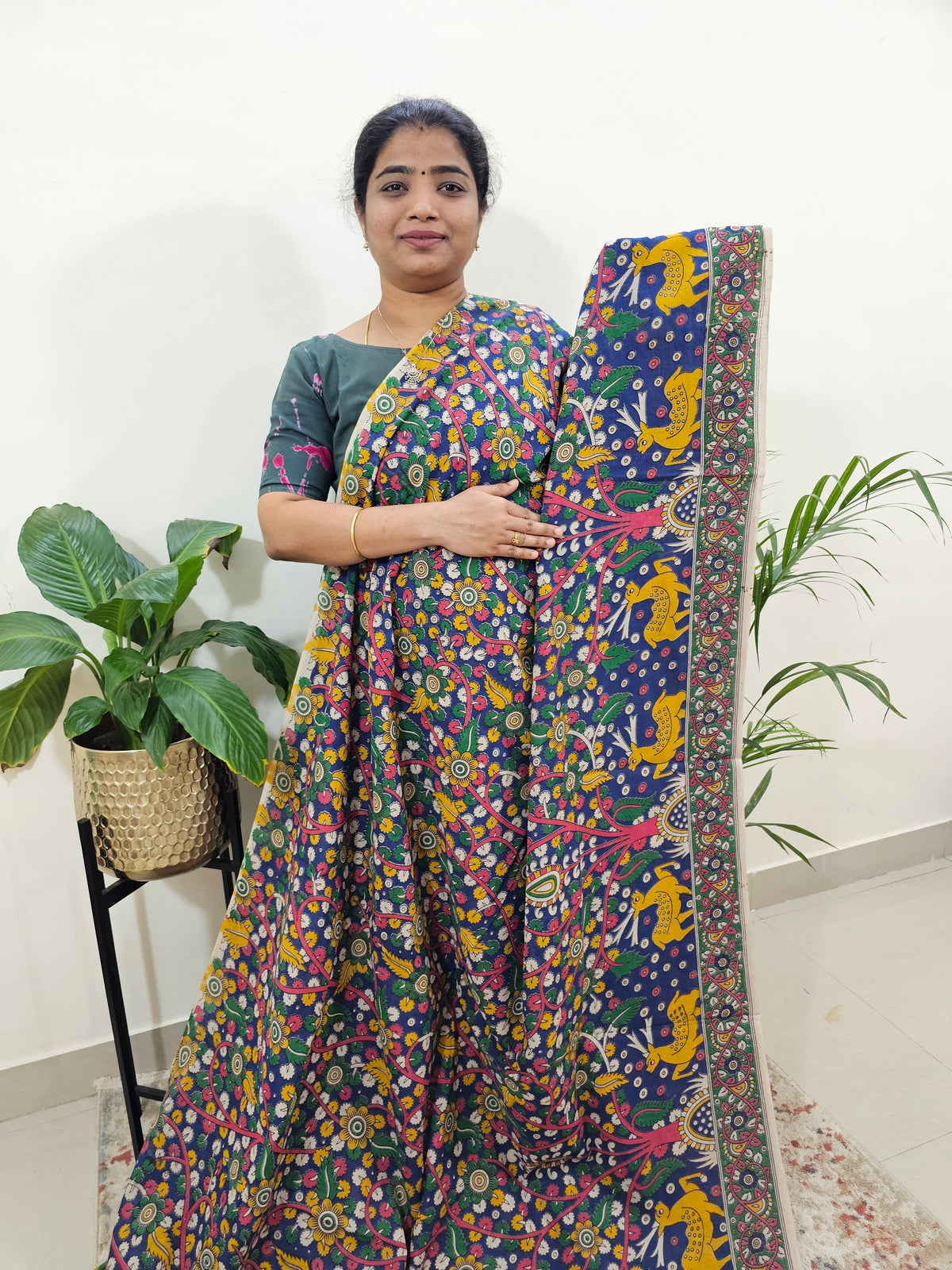 Cotton Kalamkari Saree - Blue with Green