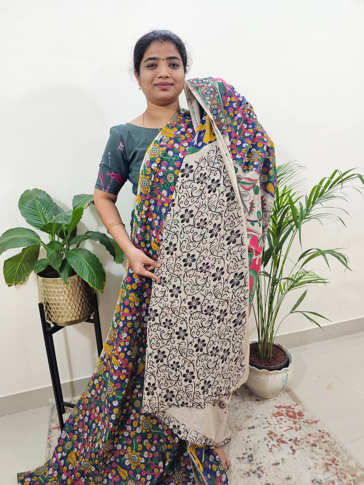 Cotton Kalamkari Saree - Blue with Green