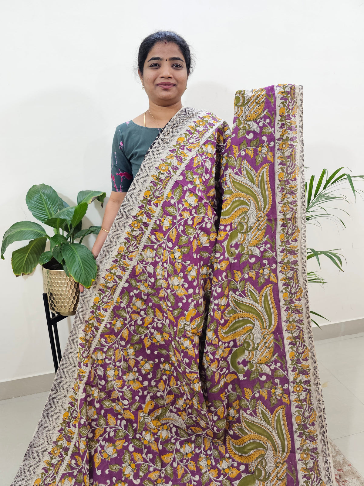 Cotton Kalamkari Saree - Purple with Green