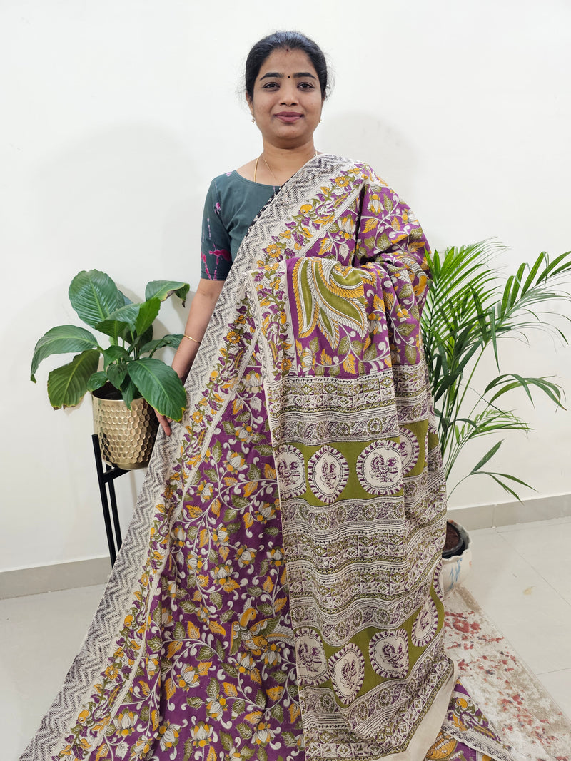 Cotton Kalamkari Saree - Purple with Green