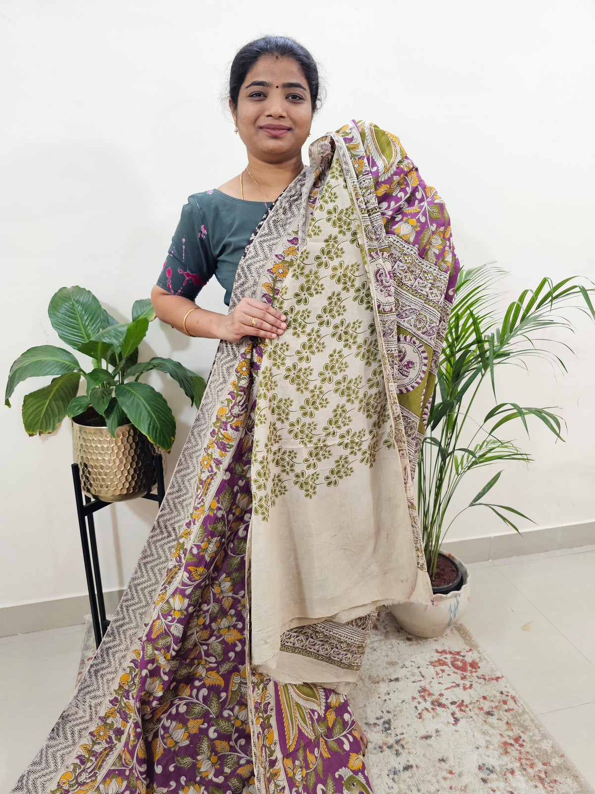 Cotton Kalamkari Saree - Purple with Green