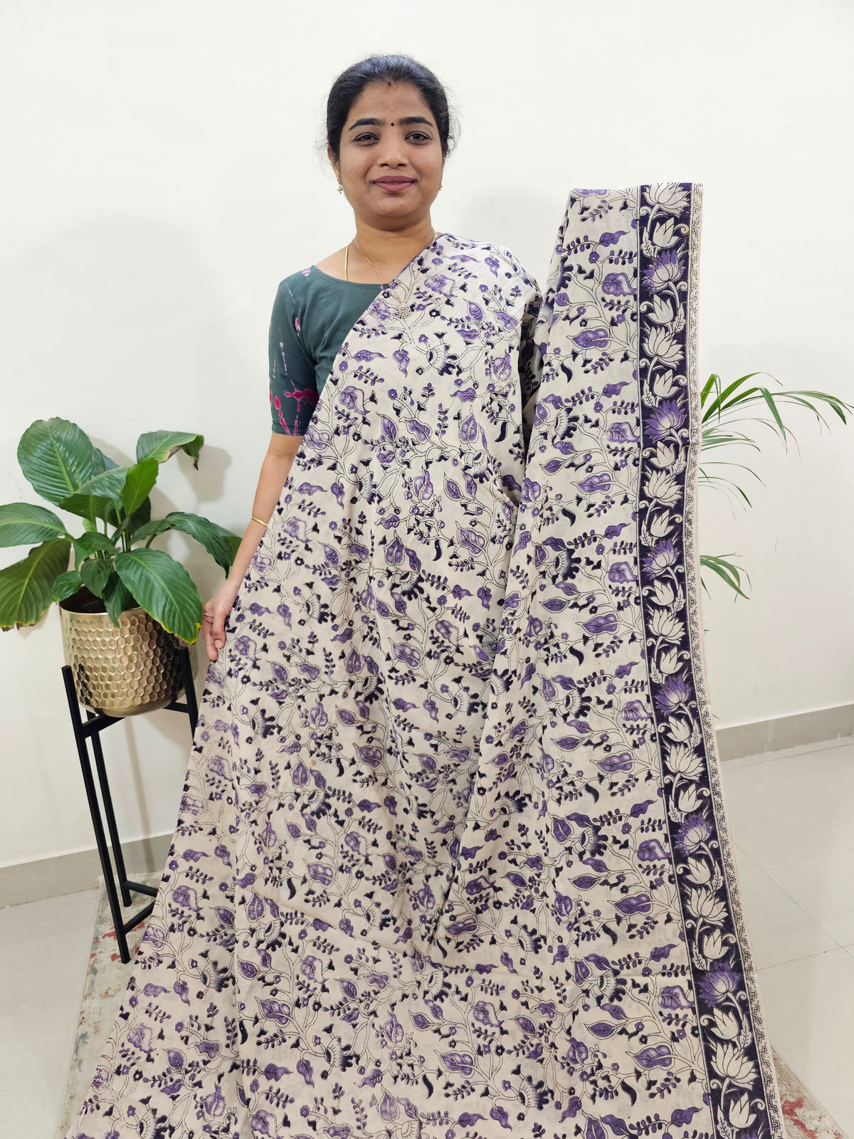 Cotton Kalamkari Saree - Cream with Purple