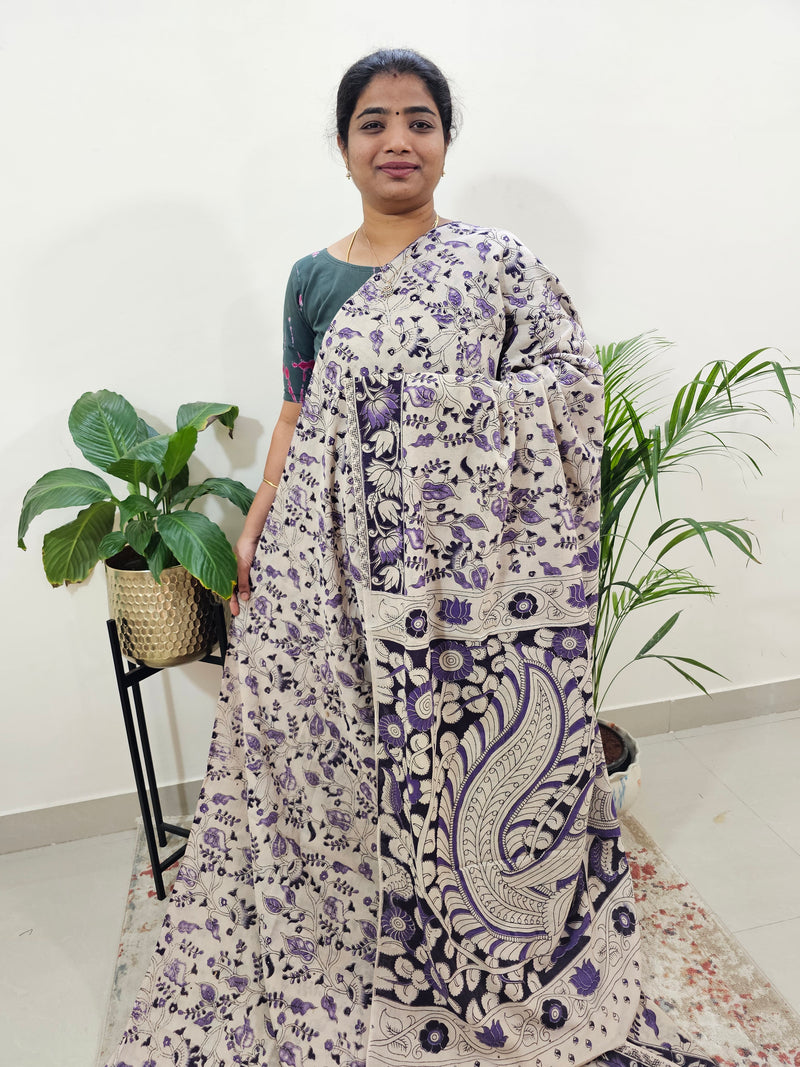 Cotton Kalamkari Saree - Cream with Purple