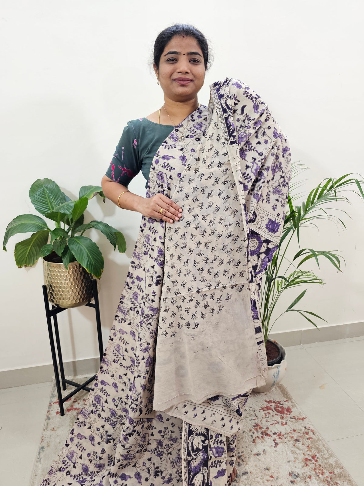 Cotton Kalamkari Saree - Cream with Purple