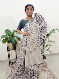 Cotton Kalamkari Saree - Cream with Purple