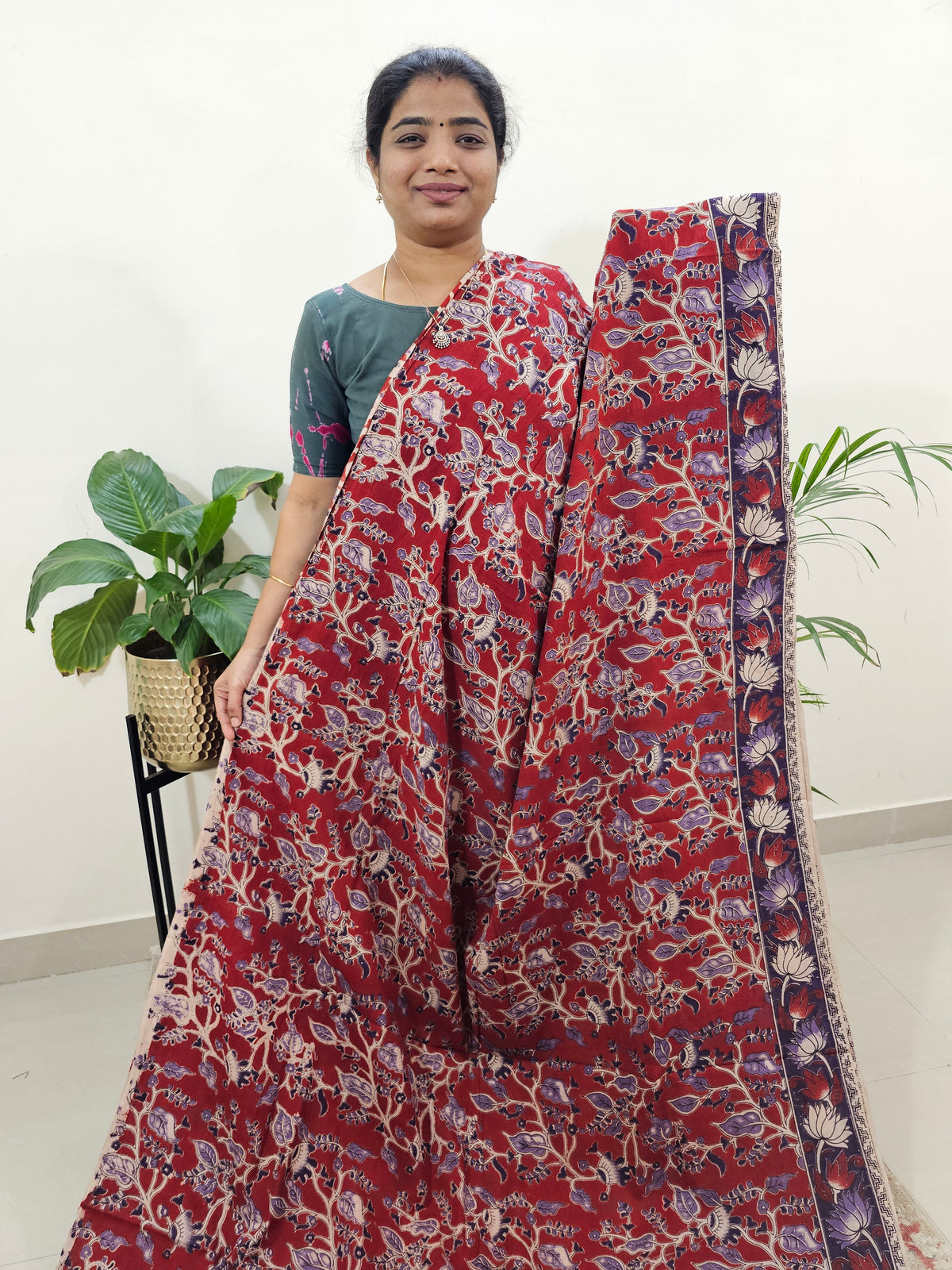 Cotton Kalamkari Saree - Red with Purple