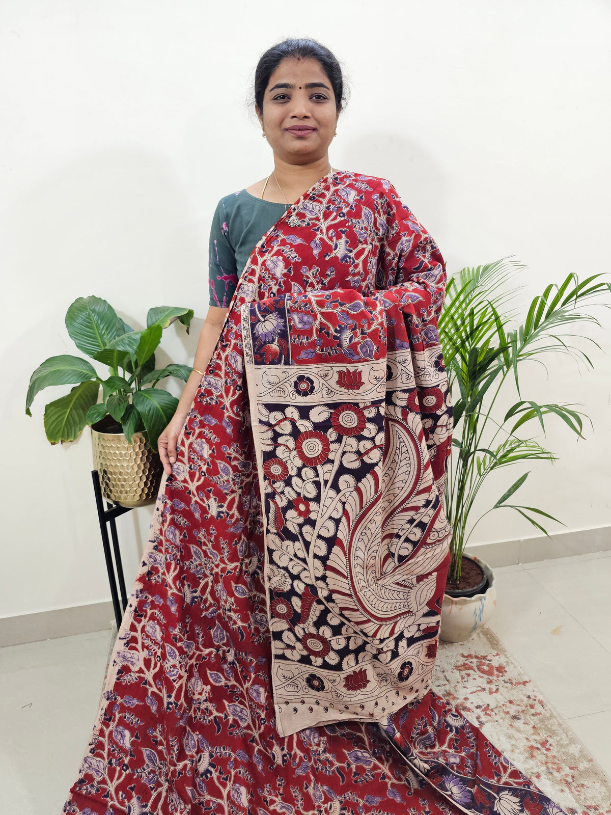 Cotton Kalamkari Saree - Red with Purple
