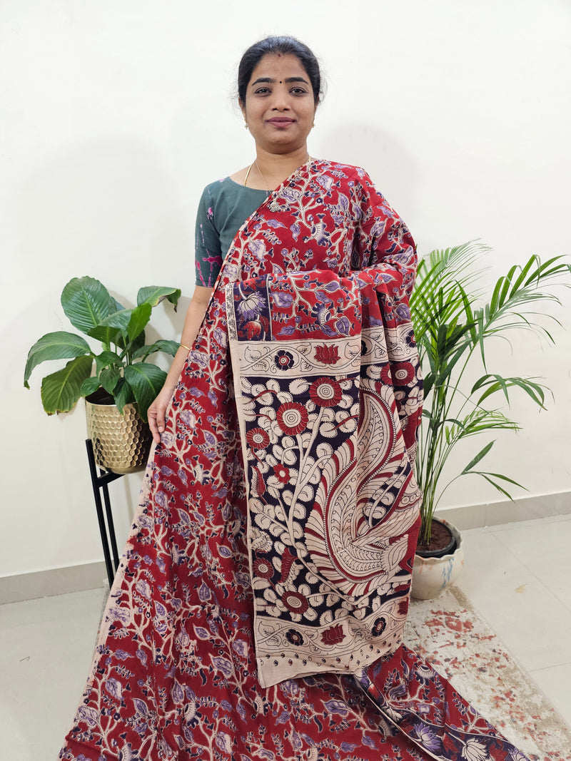 Cotton Kalamkari Saree - Red with Purple