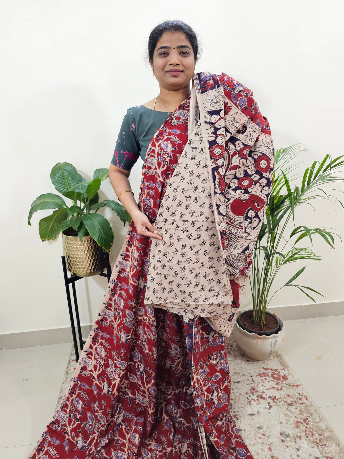Cotton Kalamkari Saree - Red with Purple