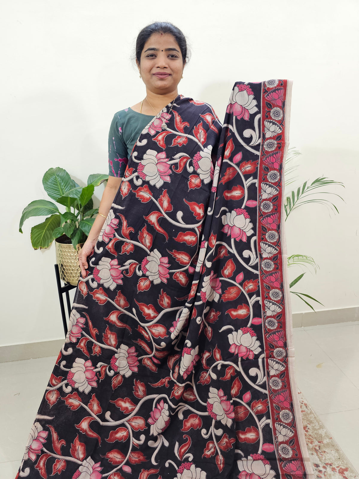 Cotton Kalamkari Saree - Black with Red