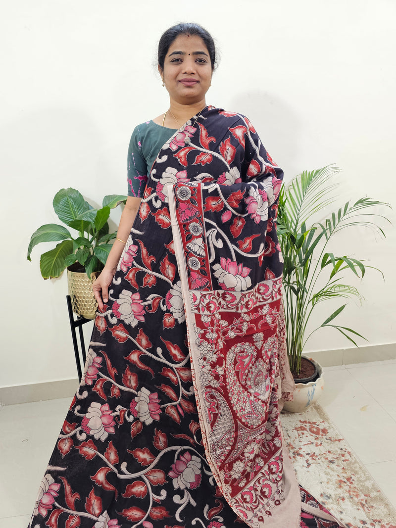 Cotton Kalamkari Saree - Black with Red