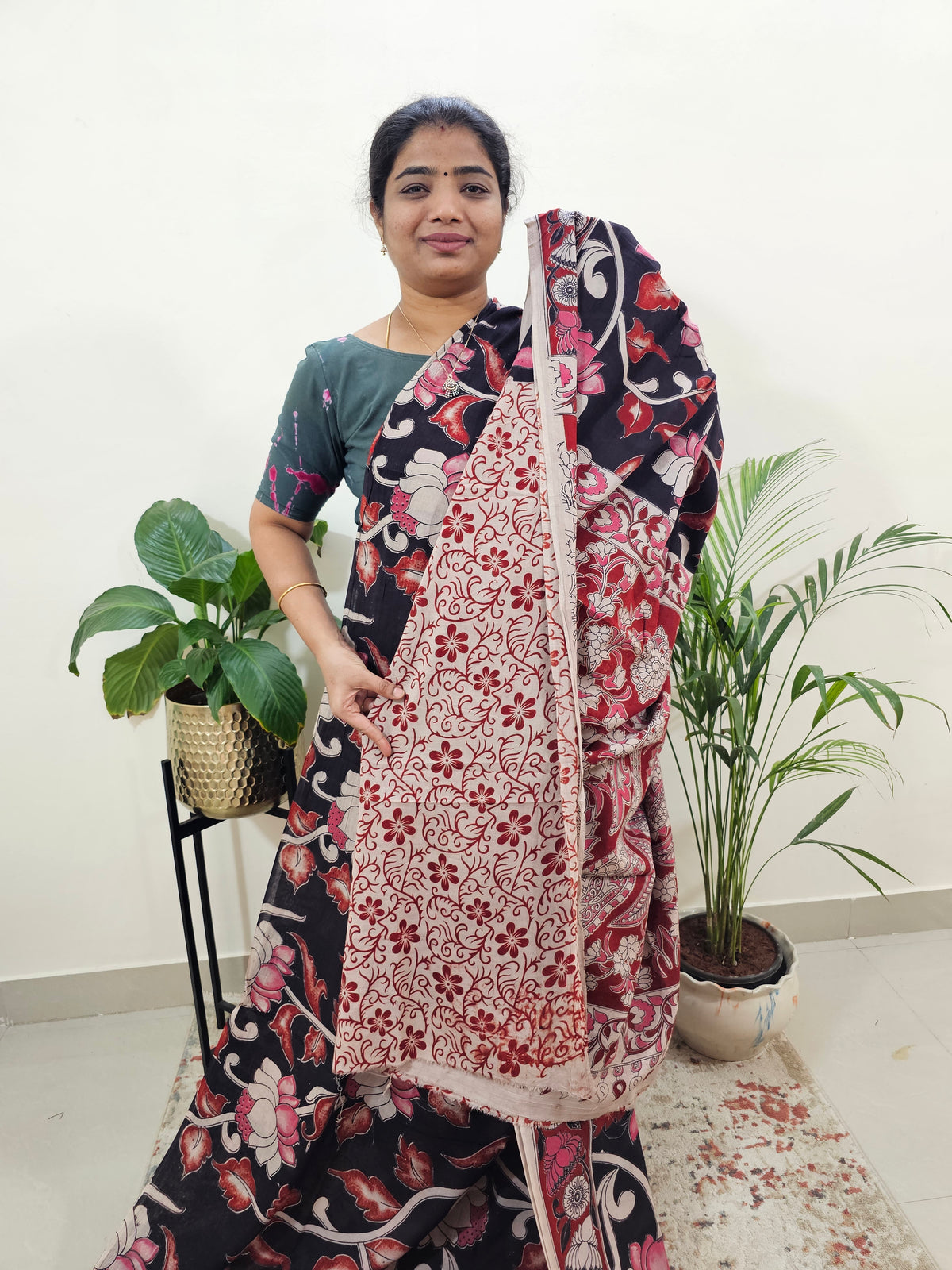 Cotton Kalamkari Saree - Black with Red