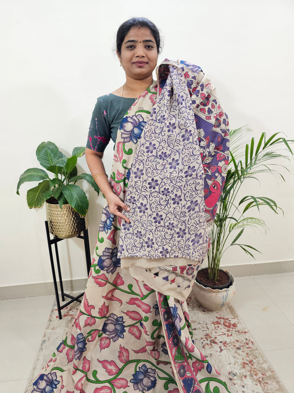 Cotton Kalamkari Saree - Cream with Pink