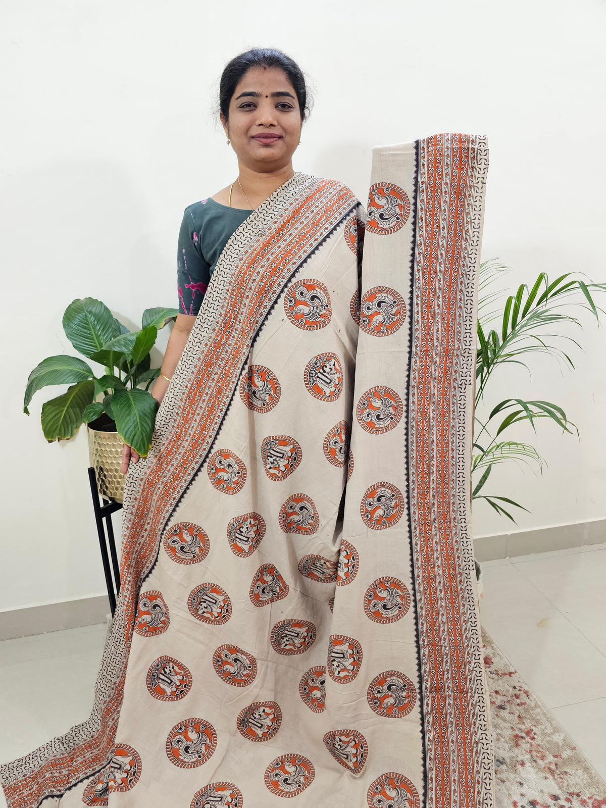 Cotton Kalamkari Saree - Cream with Orange