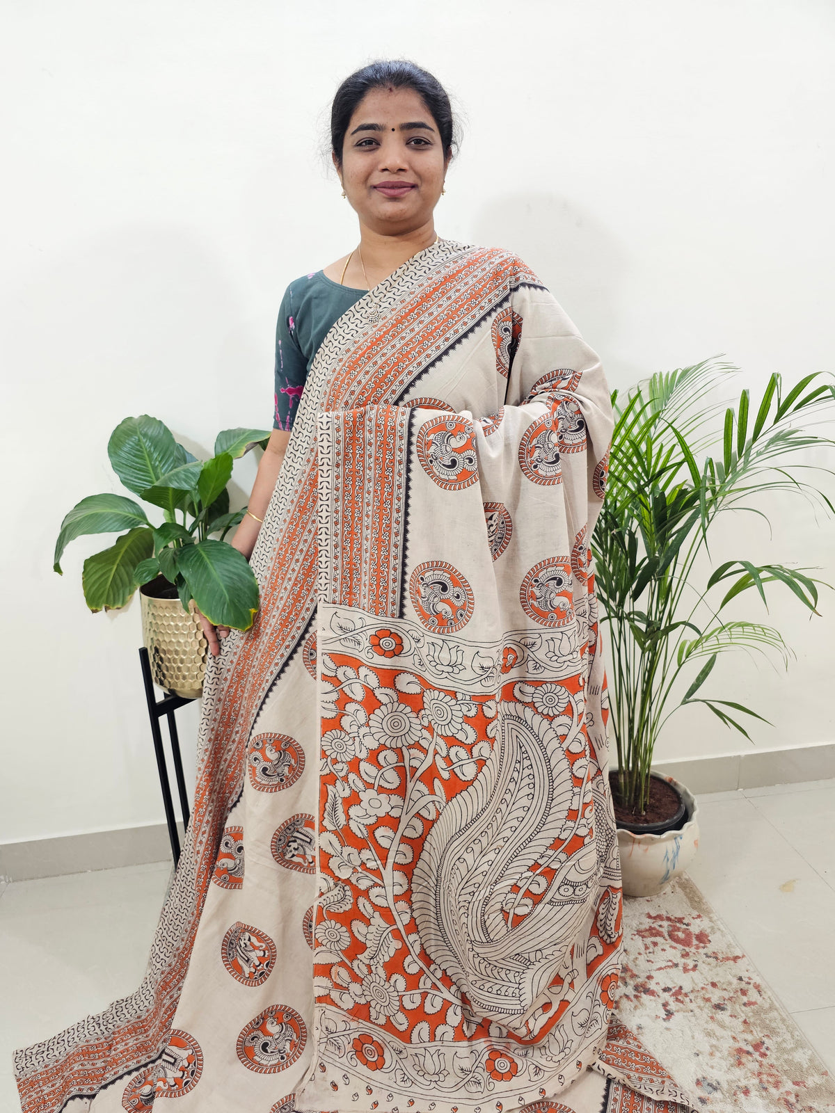 Cotton Kalamkari Saree - Cream with Orange