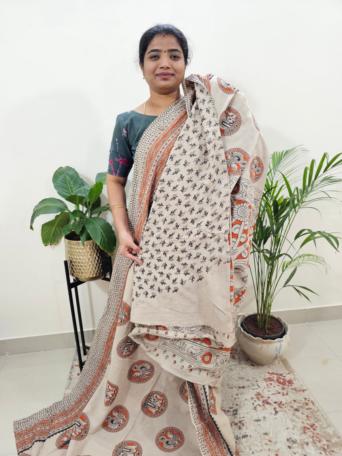 Cotton Kalamkari Saree - Cream with Orange