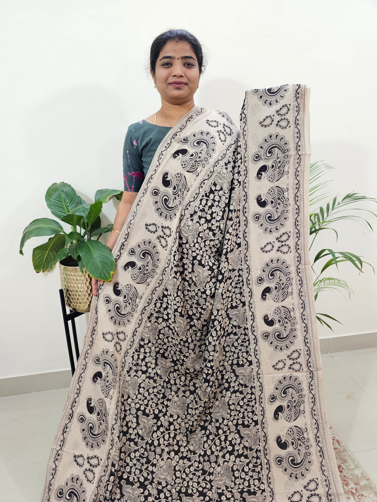 Cotton Kalamkari Saree - Black with Marron