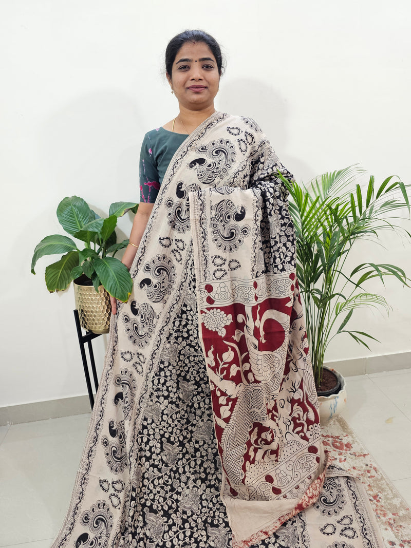 Cotton Kalamkari Saree - Black with Marron