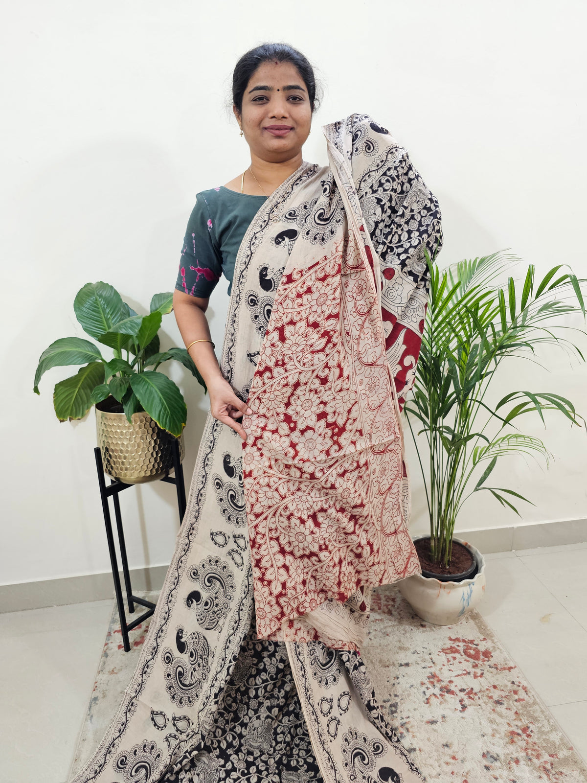 Cotton Kalamkari Saree - Black with Marron