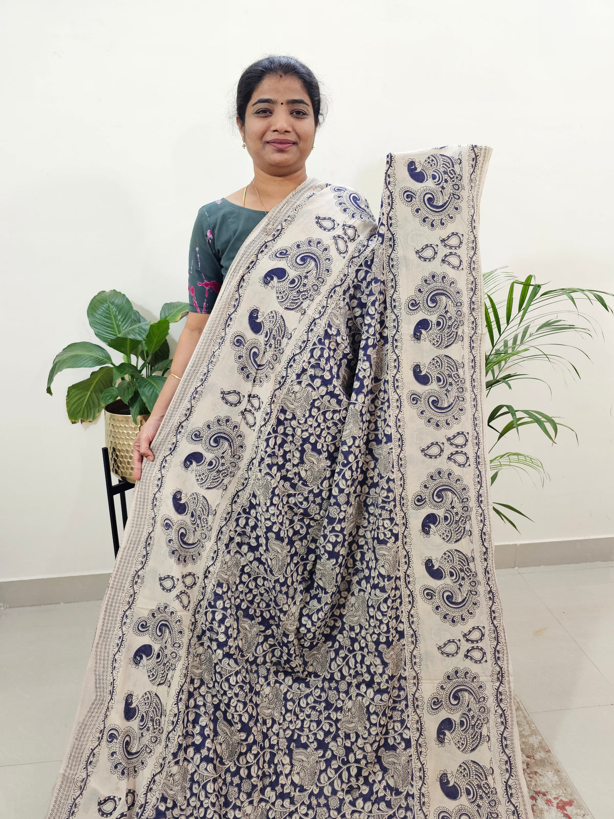 Cotton Kalamkari Saree - Dark Blue with Cream
