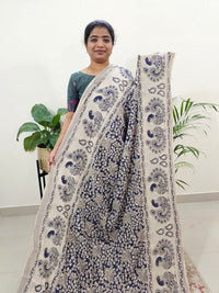 Cotton Kalamkari Saree - Dark Blue with Cream