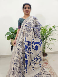 Cotton Kalamkari Saree - Dark Blue with Cream