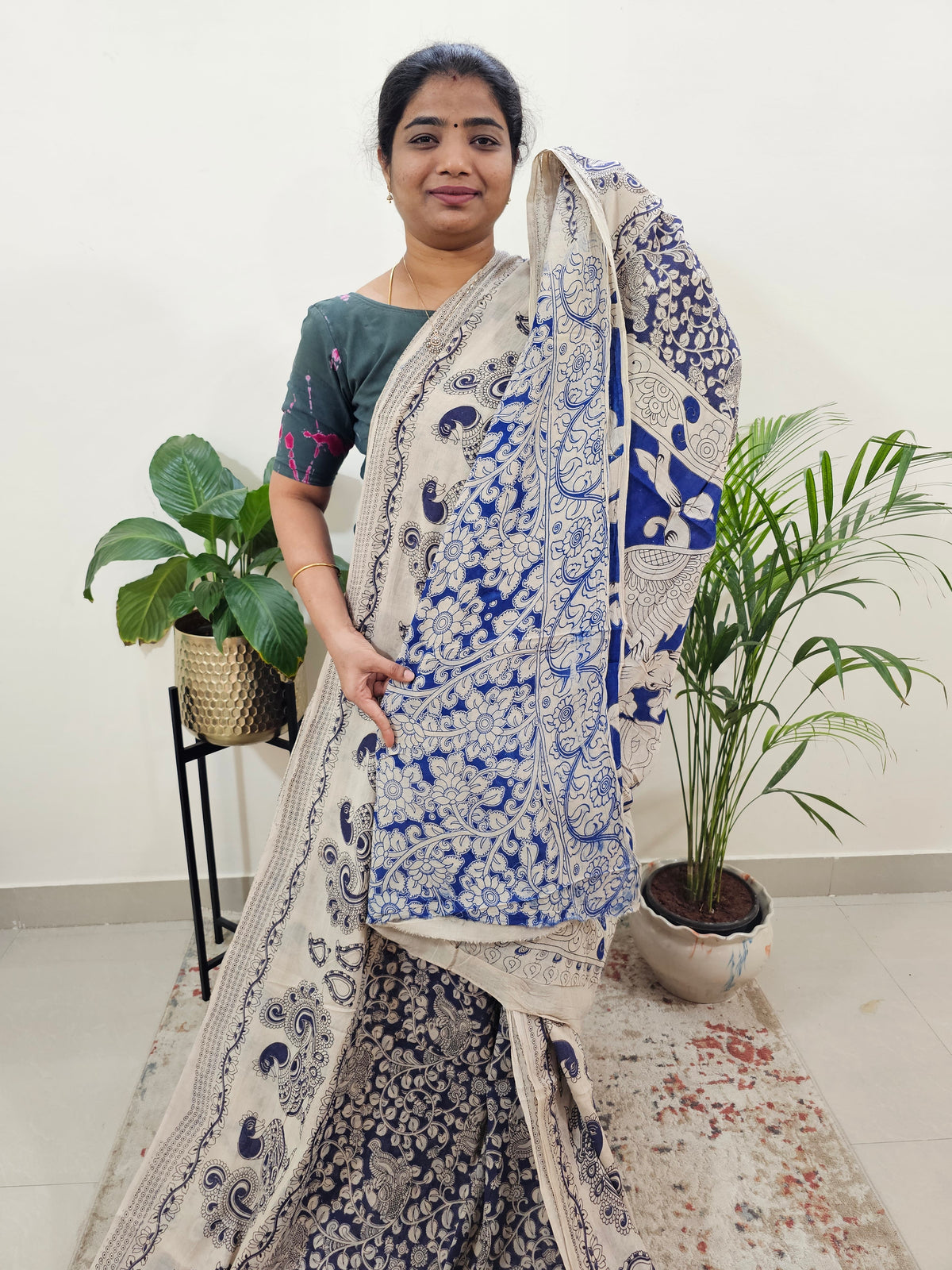 Cotton Kalamkari Saree - Dark Blue with Cream