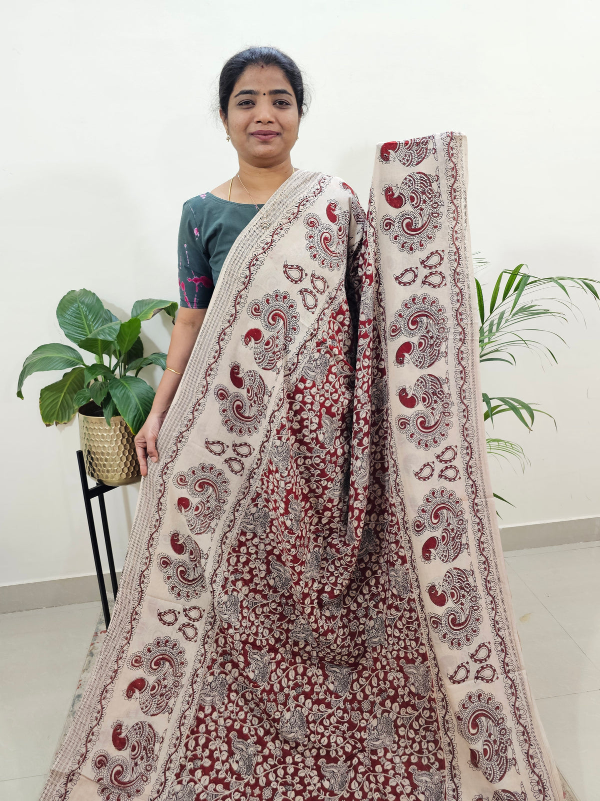 Cotton Kalamkari Saree - Red with Cream