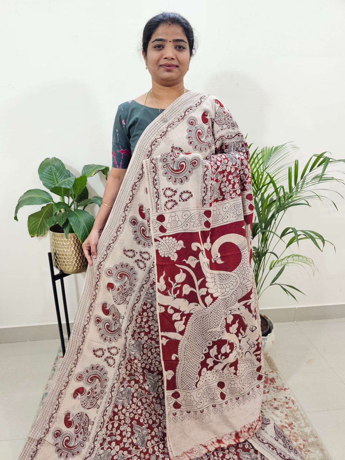 Cotton Kalamkari Saree - Red with Cream