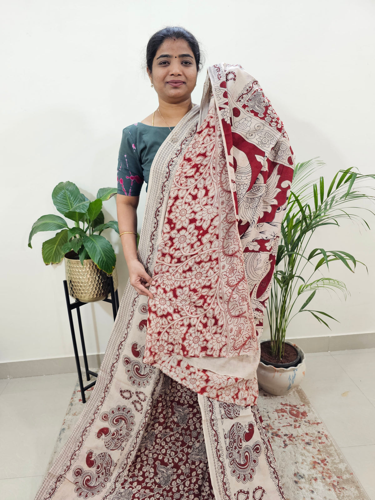 Cotton Kalamkari Saree - Red with Cream