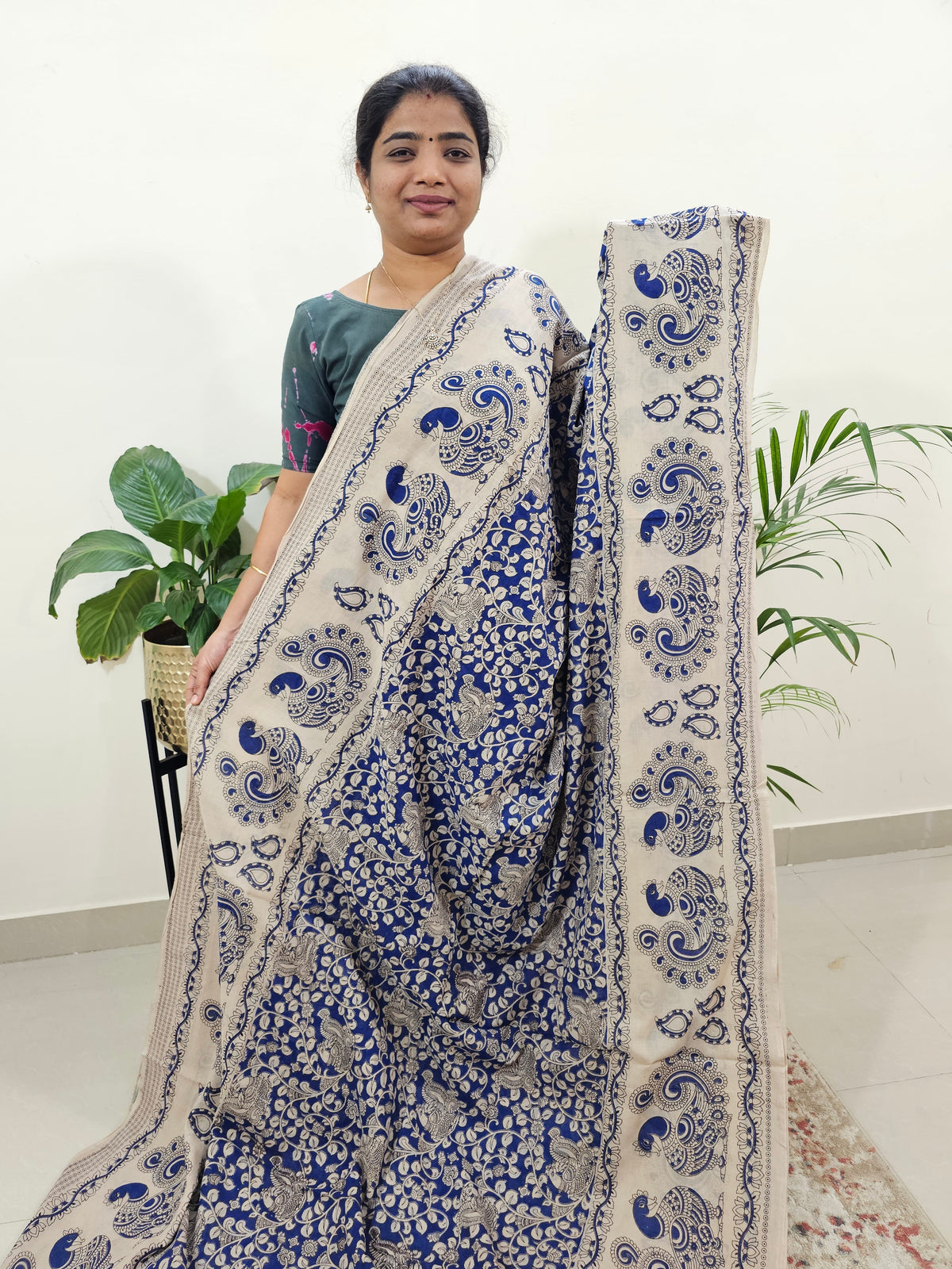 Cotton Kalamkari Saree - Dark Blue with Cream