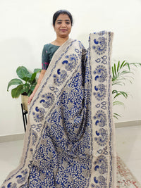 Cotton Kalamkari Saree - Dark Blue with Cream