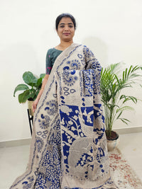 Cotton Kalamkari Saree - Dark Blue with Cream