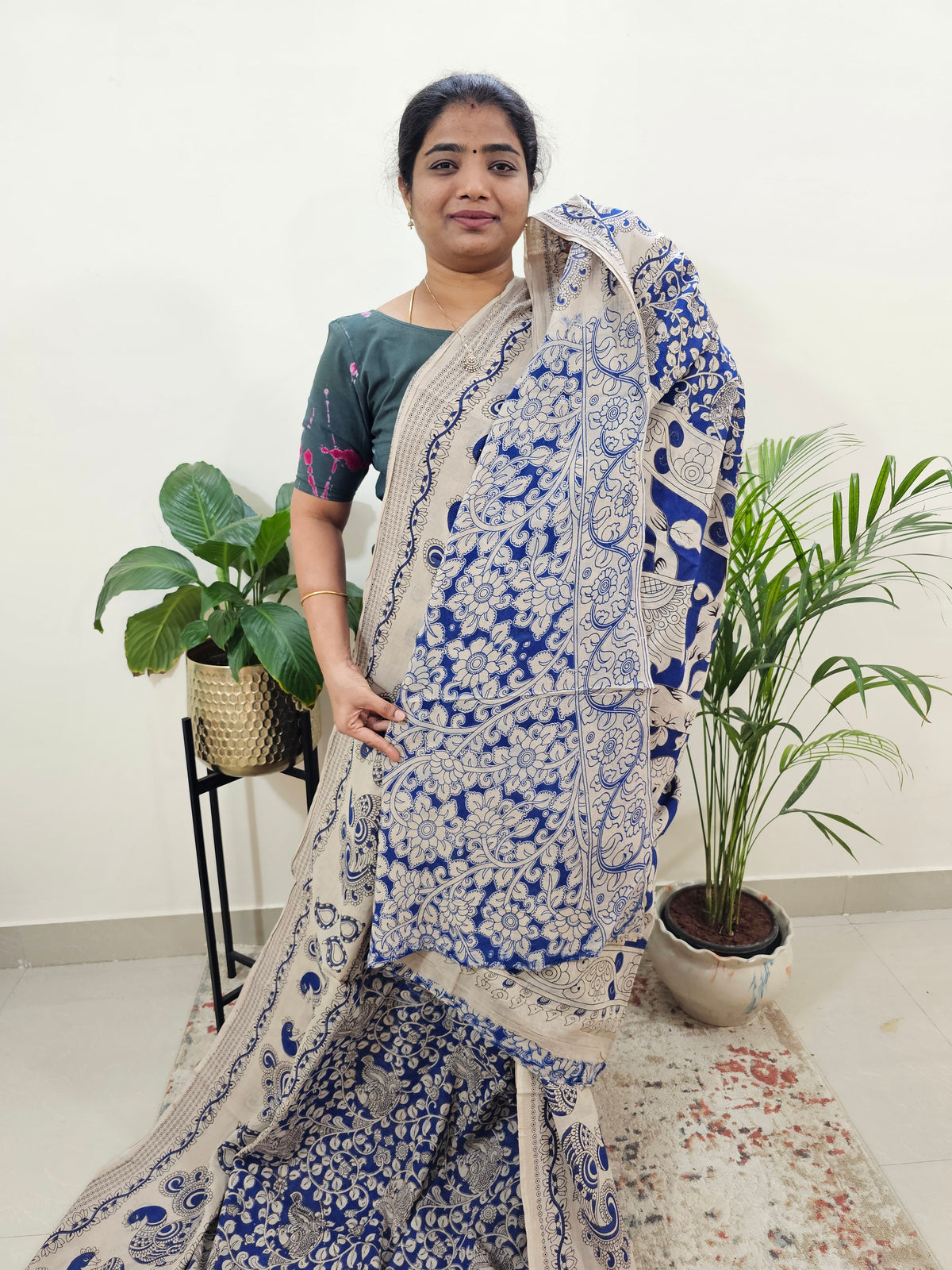 Cotton Kalamkari Saree - Dark Blue with Cream