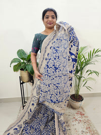 Cotton Kalamkari Saree - Dark Blue with Cream