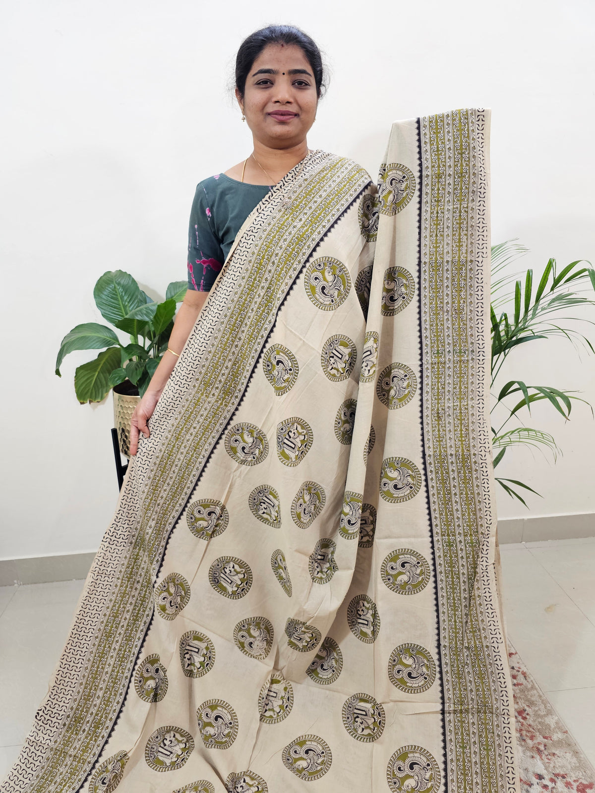 Cotton Kalamkari Saree - Cream with Green