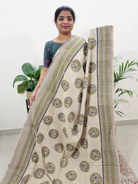 Cotton Kalamkari Saree - Cream with Green