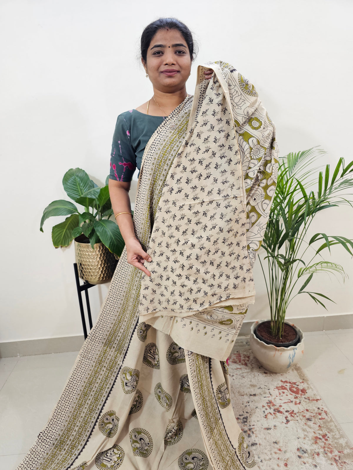 Cotton Kalamkari Saree - Cream with Green
