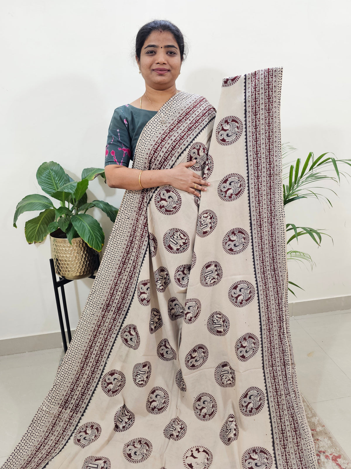 Cotton Kalamkari Saree - Cream with Marron