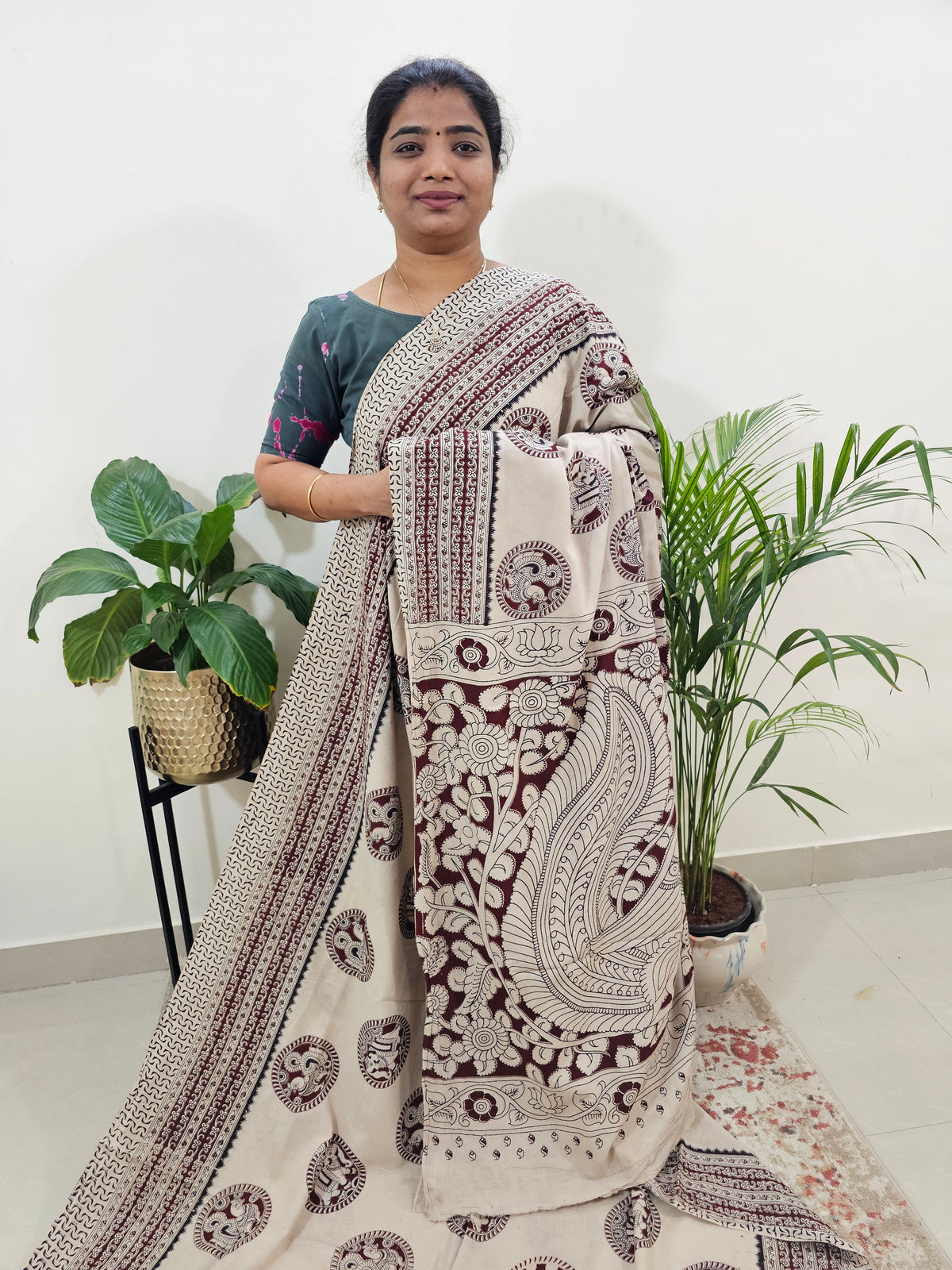 Cotton Kalamkari Saree - Cream with Marron