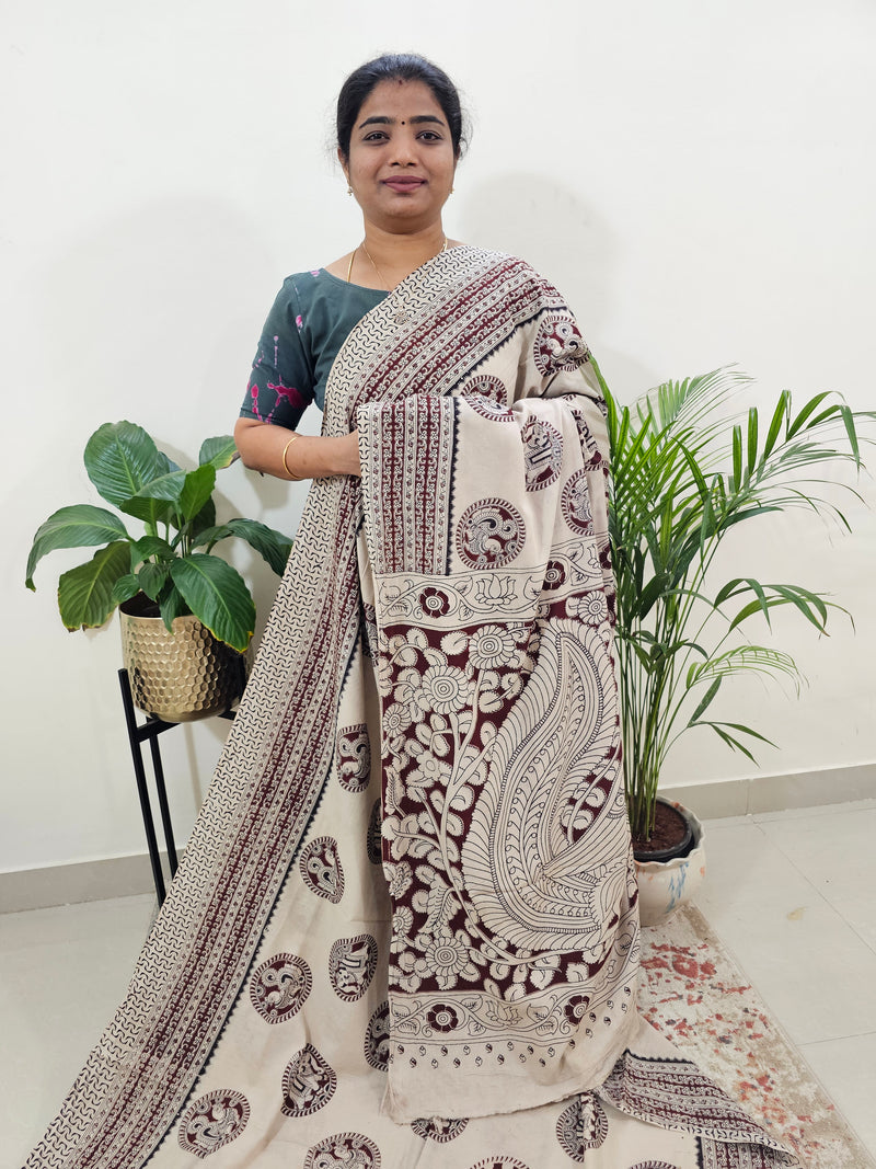 Cotton Kalamkari Saree - Cream with Marron