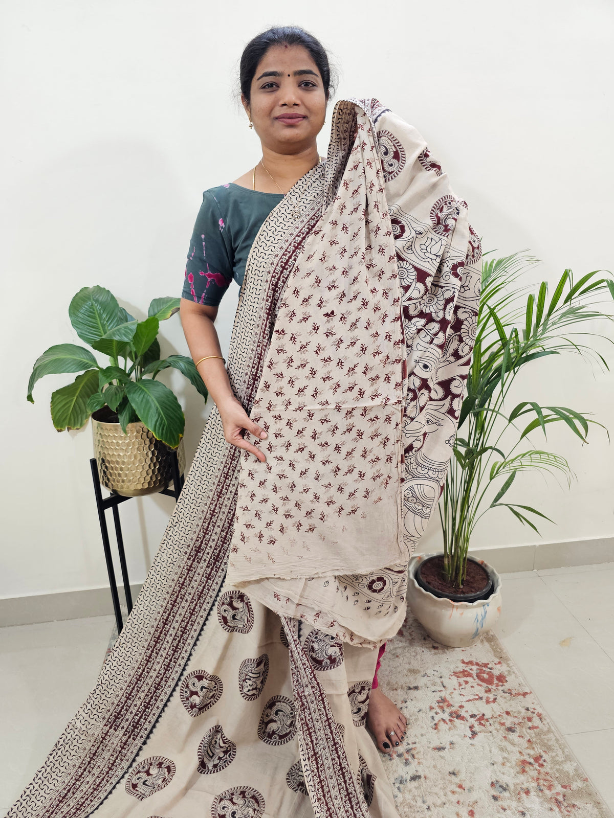 Cotton Kalamkari Saree - Cream with Marron