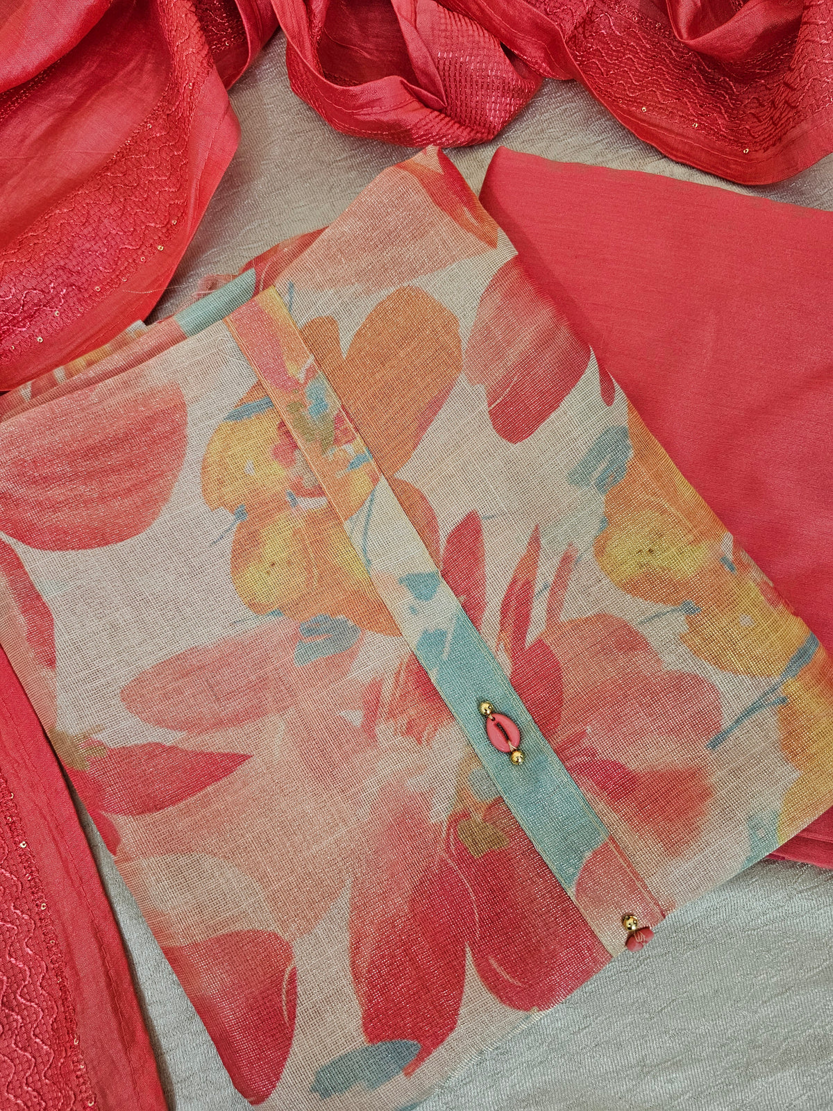 Linen Tissue Unstitched Salwar Suit  - Peach