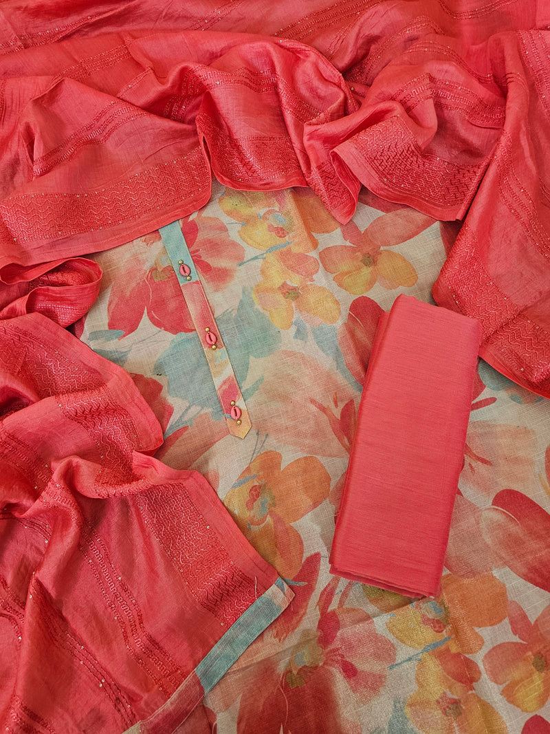 Linen Tissue Unstitched Salwar Suit  - Peach