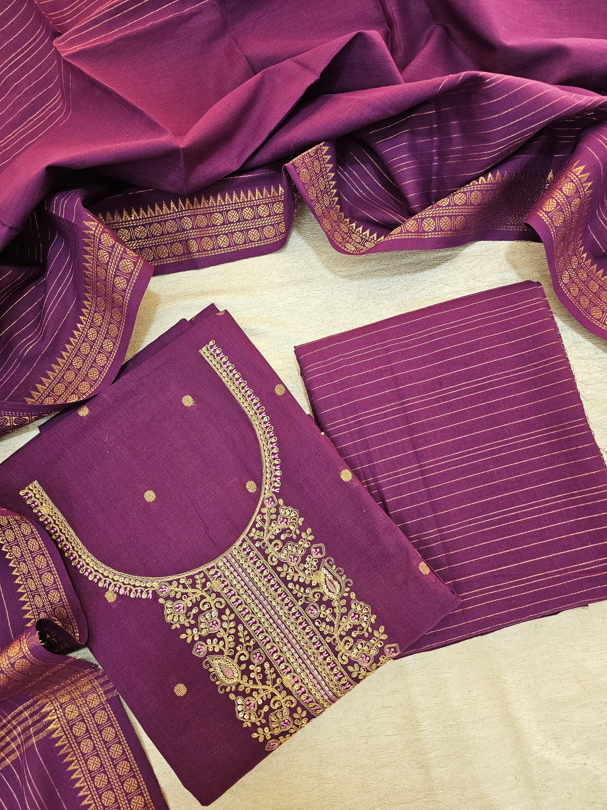 Cotton with Weaving Butti  - Dark Purple