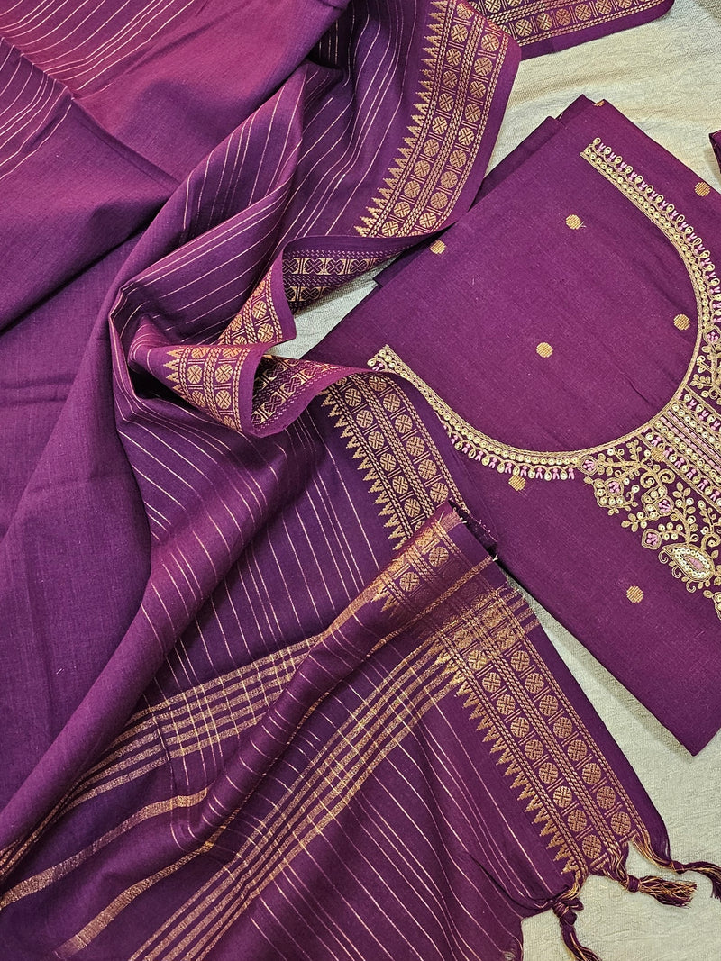 Cotton with Weaving Butti  - Dark Purple